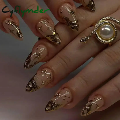 Cyflymder 24Pcs French Gold Edge Wearable Almond Press on Fake Nails Simple Pearl Decoration False Nails with Glue Full Over Manicure Tips