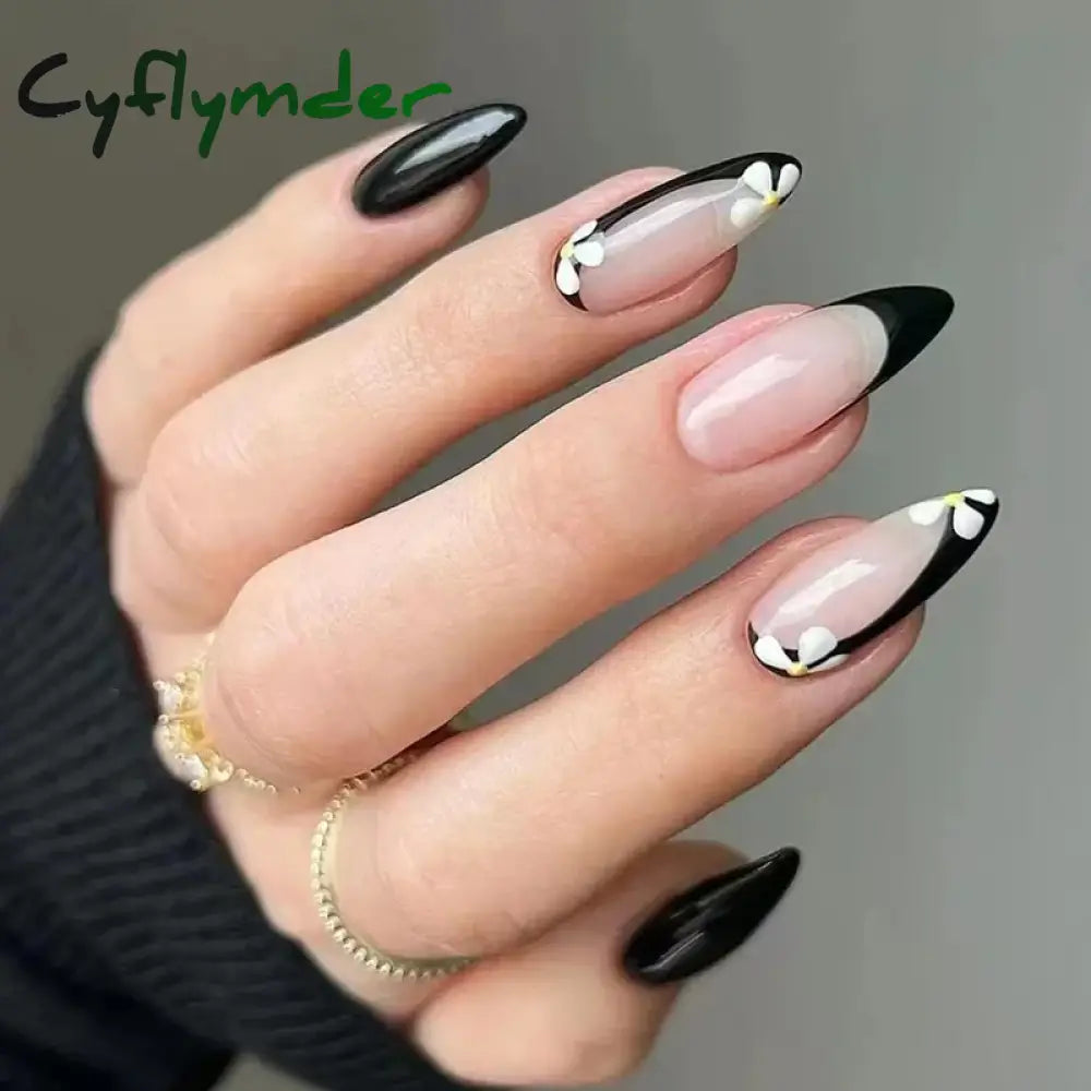 Cyflymder 24Pcs French Gold Edge Wearable Almond Press on Fake Nails Simple Pearl Decoration False Nails with Glue Full Over Manicure Tips