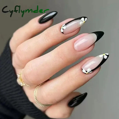 Cyflymder 24Pcs French Gold Edge Wearable Almond Press on Fake Nails Simple Pearl Decoration False Nails with Glue Full Over Manicure Tips