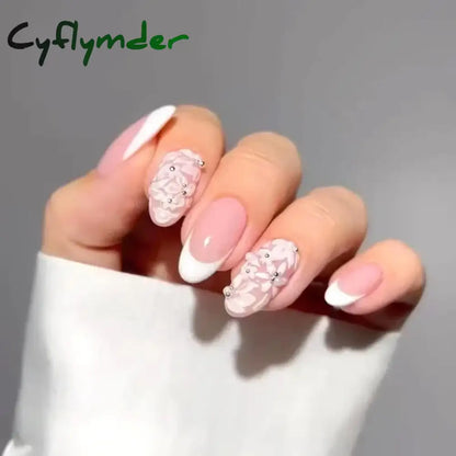 Cyflymder 24Pcs French Gold Edge Wearable Almond Press on Fake Nails Simple Pearl Decoration False Nails with Glue Full Over Manicure Tips