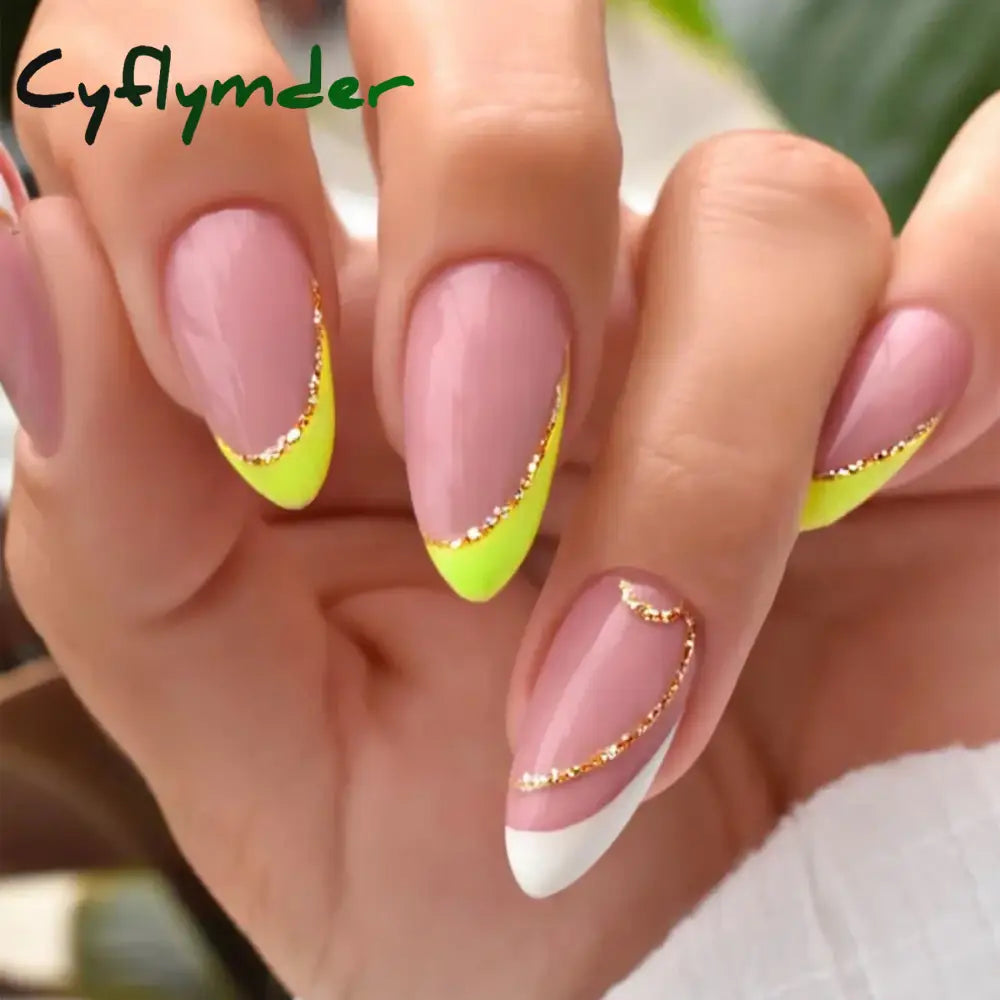 Cyflymder 24Pcs French Gold Edge Wearable Almond Press on Fake Nails Simple Pearl Decoration False Nails with Glue Full Over Manicure Tips