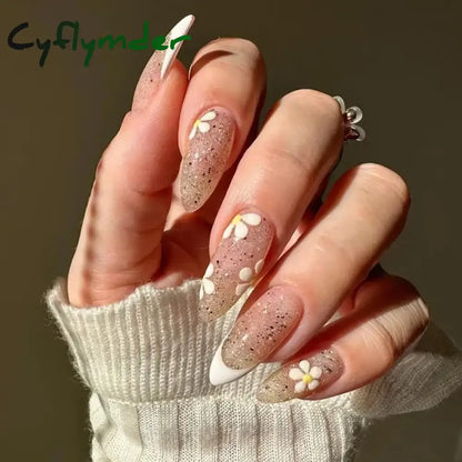 Cyflymder 24Pcs French Gold Edge Wearable Almond Press on Fake Nails Simple Pearl Decoration False Nails with Glue Full Over Manicure Tips