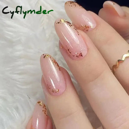 Cyflymder 24Pcs French Gold Edge Wearable Almond Press on Fake Nails Simple Pearl Decoration False Nails with Glue Full Over Manicure Tips