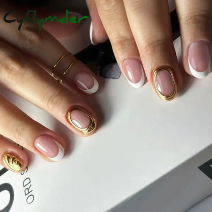 Cyflymder 24Pcs French Gold Edge Wearable Almond Press on Fake Nails Simple Pearl Decoration False Nails with Glue Full Over Manicure Tips