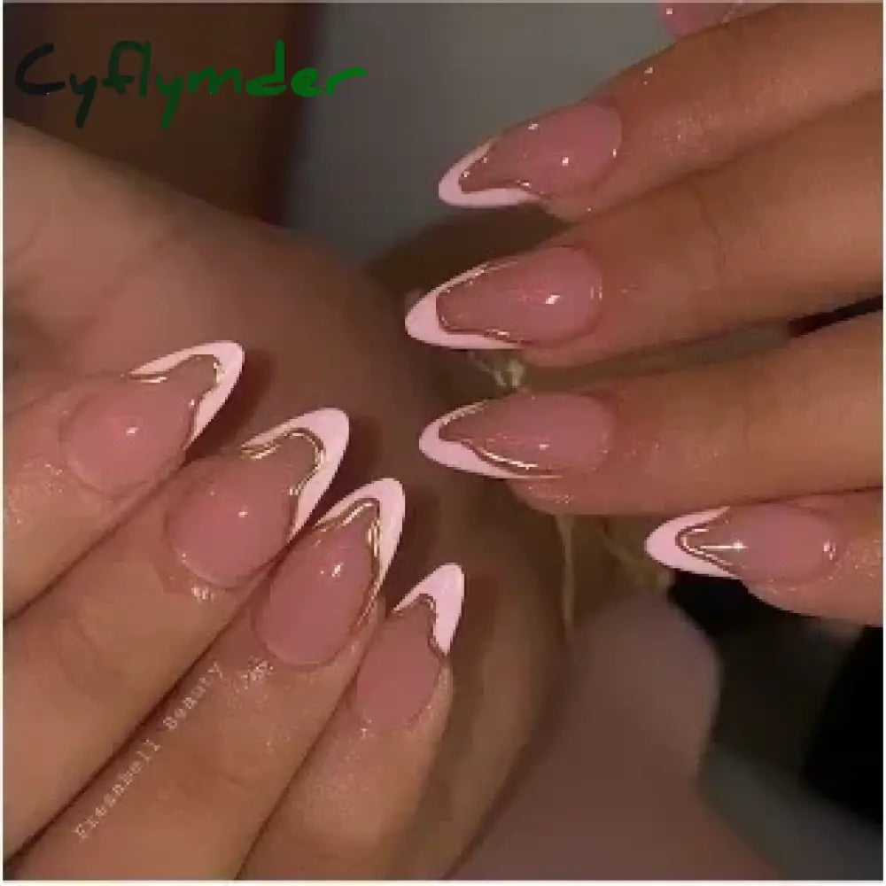 Cyflymder 24Pcs French Gold Edge Wearable Almond Press on Fake Nails Simple Pearl Decoration False Nails with Glue Full Over Manicure Tips