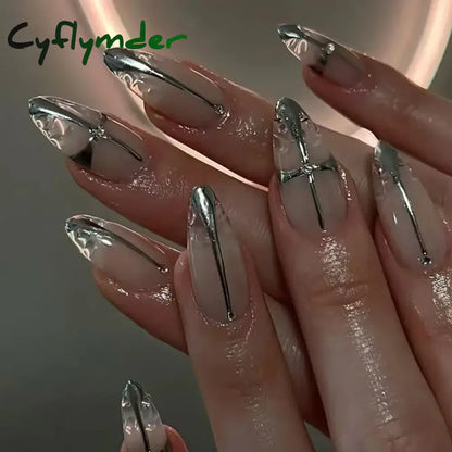 Cyflymder 24Pcs French Gold Edge Wearable Almond Press on Fake Nails Simple Pearl Decoration False Nails with Glue Full Over Manicure Tips