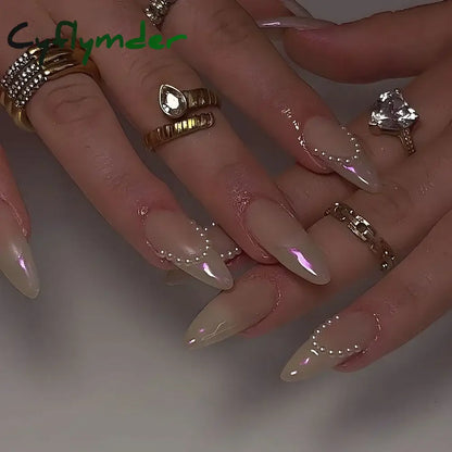 Cyflymder 24Pcs French Gold Edge Wearable Almond Press on Fake Nails Simple Pearl Decoration False Nails with Glue Full Over Manicure Tips