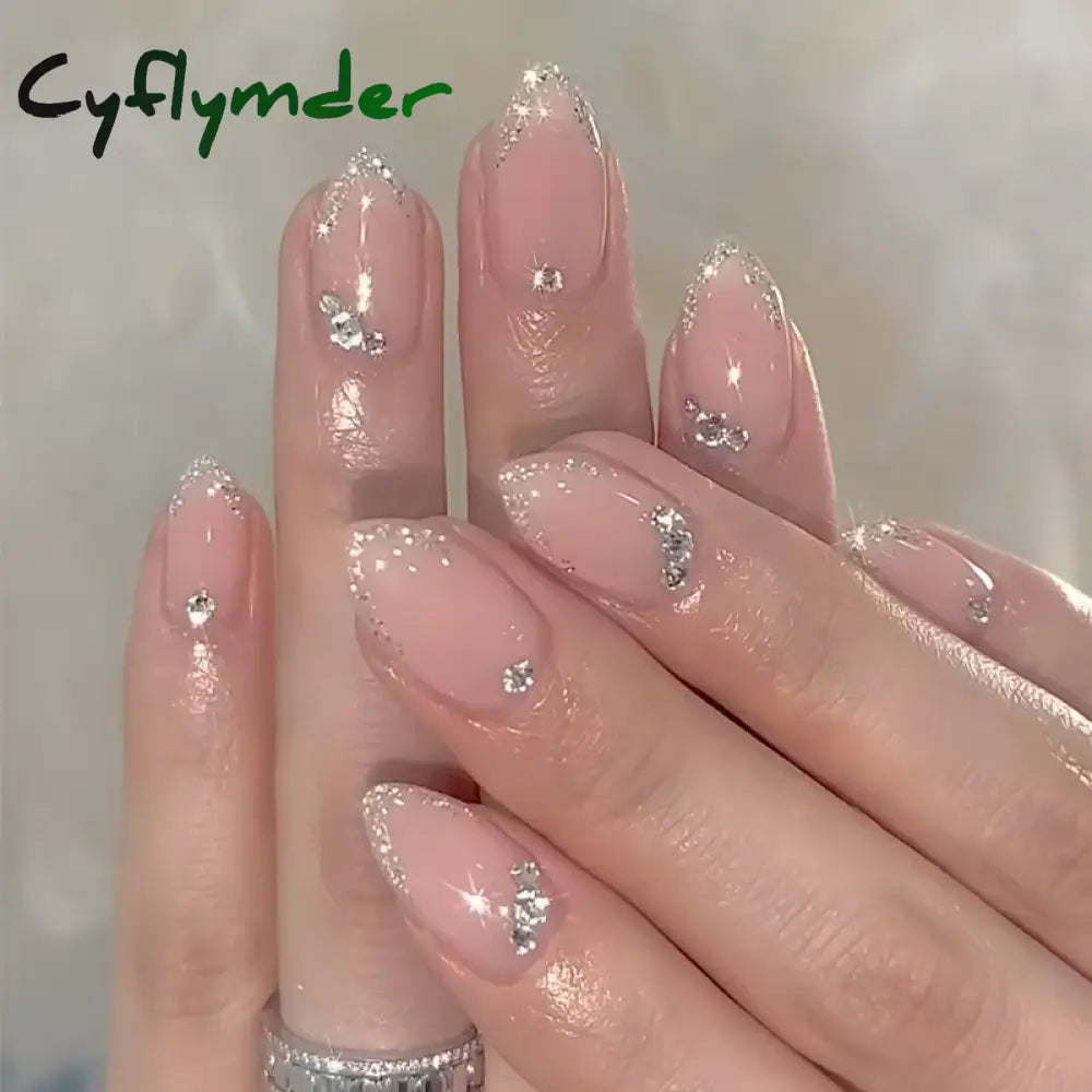 Cyflymder 24Pcs French Gold Edge Wearable Almond Press on Fake Nails Simple Pearl Decoration False Nails with Glue Full Over Manicure Tips
