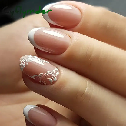 Cyflymder 24Pcs French Gold Edge Wearable Almond Press on Fake Nails Simple Pearl Decoration False Nails with Glue Full Over Manicure Tips