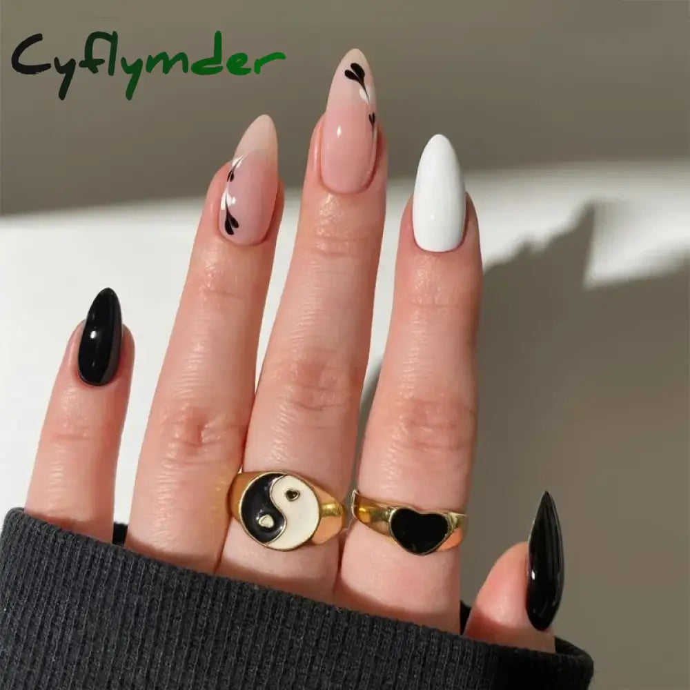 Cyflymder 24Pcs French Gold Edge Wearable Almond Press on Fake Nails Simple Pearl Decoration False Nails with Glue Full Over Manicure Tips