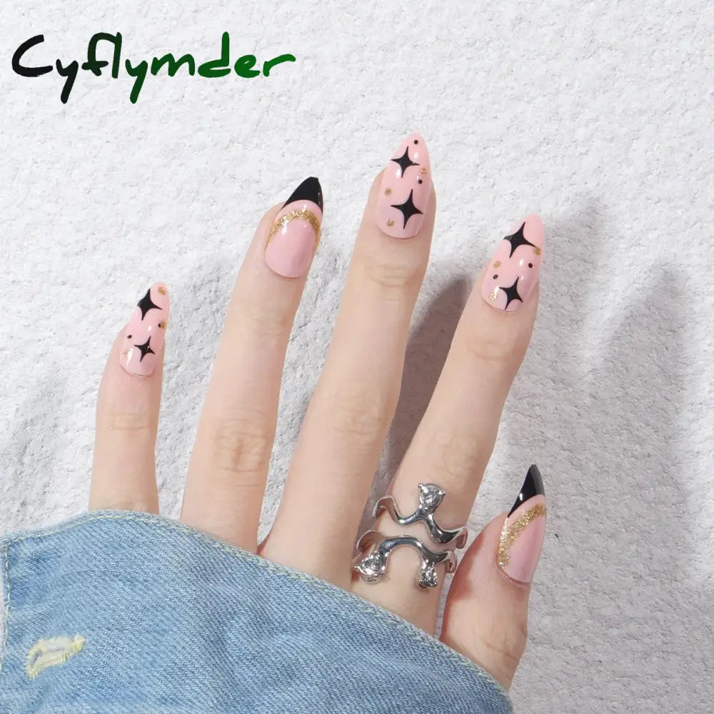 Cyflymder 24Pcs French Gold Edge Wearable Almond Press on Fake Nails Simple Pearl Decoration False Nails with Glue Full Over Manicure Tips