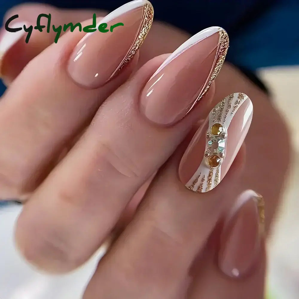 Cyflymder 24Pcs French Gold Edge Wearable Almond Press on Fake Nails Simple Pearl Decoration False Nails with Glue Full Over Manicure Tips