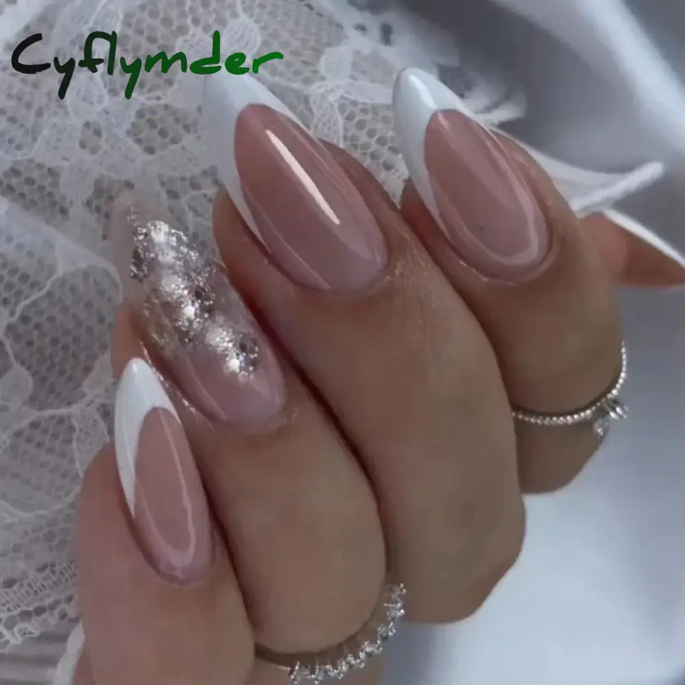 Cyflymder 24Pcs French Gold Edge Wearable Almond Press on Fake Nails Simple Pearl Decoration False Nails with Glue Full Over Manicure Tips