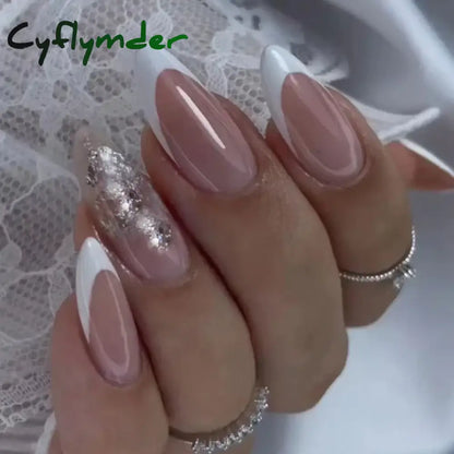 Cyflymder 24Pcs French Gold Edge Wearable Almond Press on Fake Nails Simple Pearl Decoration False Nails with Glue Full Over Manicure Tips