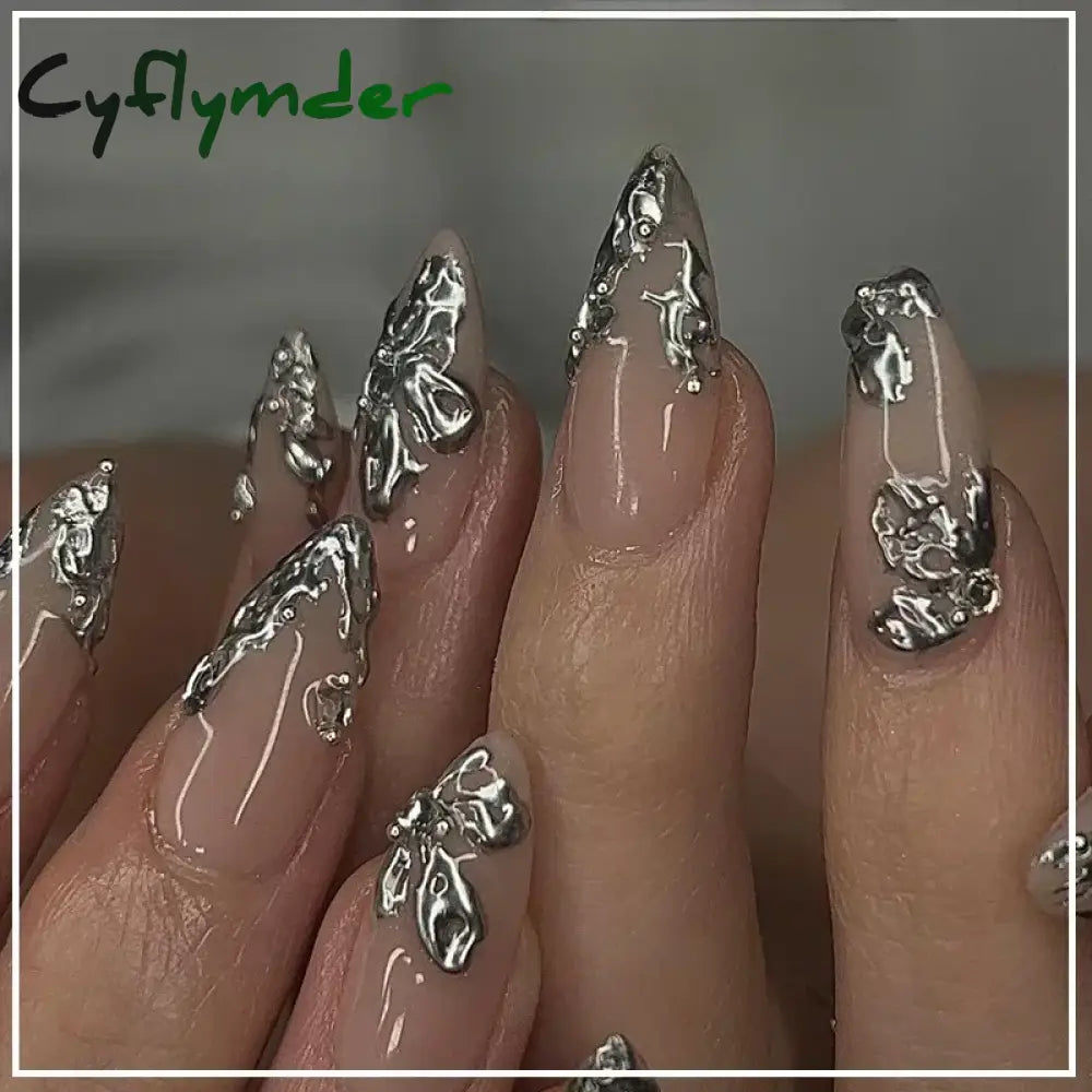Cyflymder 24Pcs French Gold Edge Wearable Almond Press on Fake Nails Simple Pearl Decoration False Nails with Glue Full Over Manicure Tips