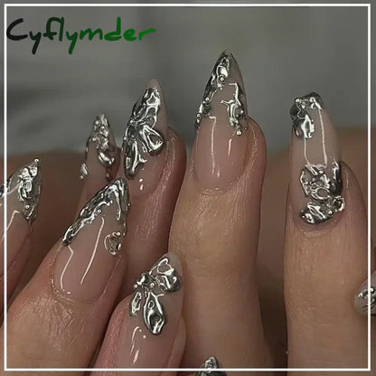 Cyflymder 24Pcs French Gold Edge Wearable Almond Press on Fake Nails Simple Pearl Decoration False Nails with Glue Full Over Manicure Tips