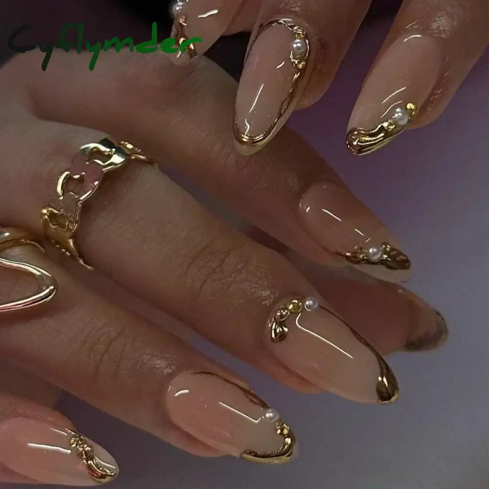 Cyflymder 24Pcs French Gold Edge Wearable Almond Press on Fake Nails Simple Pearl Decoration False Nails with Glue Full Over Manicure Tips
