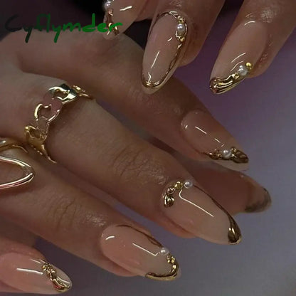 Cyflymder 24Pcs French Gold Edge Wearable Almond Press on Fake Nails Simple Pearl Decoration False Nails with Glue Full Over Manicure Tips