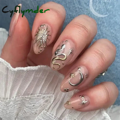 Cyflymder 24Pcs French Gold Edge Wearable Almond Press on Fake Nails Simple Pearl Decoration False Nails with Glue Full Over Manicure Tips