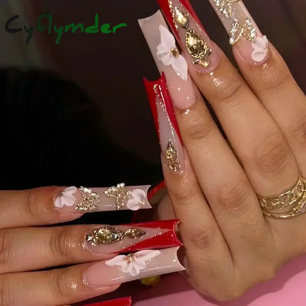 Cyflymder 24Pcs Full Cover False Nails Pink Full Rhinestone Bow Long French Coffin Nail Tips Detachable Fake Nail Press on Nails Manicure