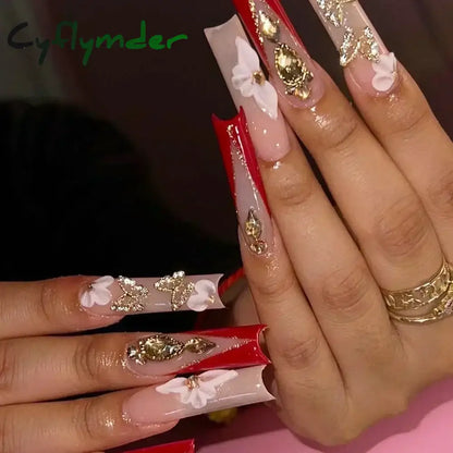 Cyflymder 24Pcs Full Cover False Nails Pink Full Rhinestone Bow Long French Coffin Nail Tips Detachable Fake Nail Press on Nails Manicure