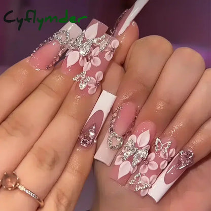 Cyflymder 24Pcs Full Cover False Nails Pink Full Rhinestone Bow Long French Coffin Nail Tips Detachable Fake Nail Press on Nails Manicure