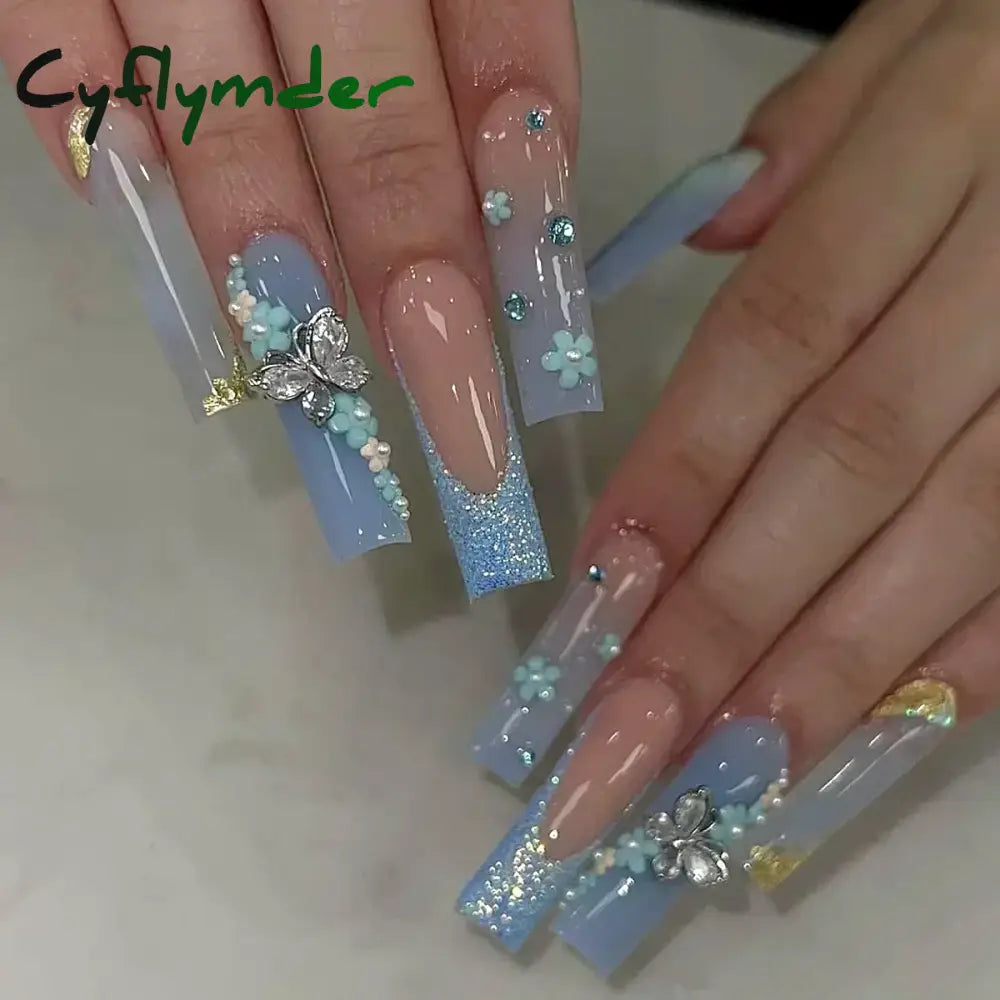 Cyflymder 24Pcs Full Cover False Nails Pink Full Rhinestone Bow Long French Coffin Nail Tips Detachable Fake Nail Press on Nails Manicure