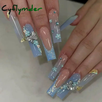 Cyflymder 24Pcs Full Cover False Nails Pink Full Rhinestone Bow Long French Coffin Nail Tips Detachable Fake Nail Press on Nails Manicure