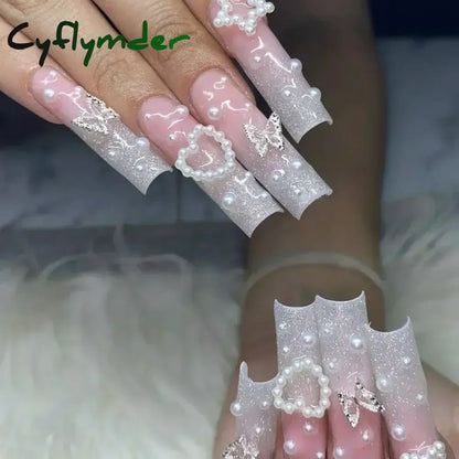 Cyflymder 24Pcs Full Cover False Nails Pink Full Rhinestone Bow Long French Coffin Nail Tips Detachable Fake Nail Press on Nails Manicure