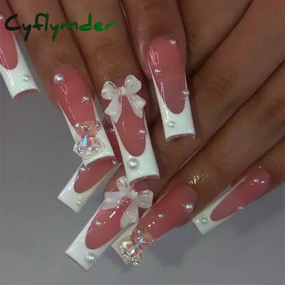 Cyflymder 24Pcs Full Cover False Nails Pink Full Rhinestone Bow Long French Coffin Nail Tips Detachable Fake Nail Press on Nails Manicure