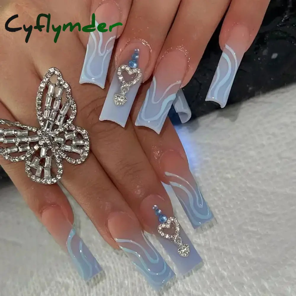 Cyflymder 24Pcs Full Cover False Nails Pink Full Rhinestone Bow Long French Coffin Nail Tips Detachable Fake Nail Press on Nails Manicure