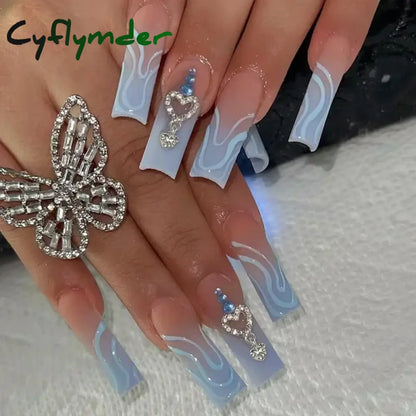 Cyflymder 24Pcs Full Cover False Nails Pink Full Rhinestone Bow Long French Coffin Nail Tips Detachable Fake Nail Press on Nails Manicure