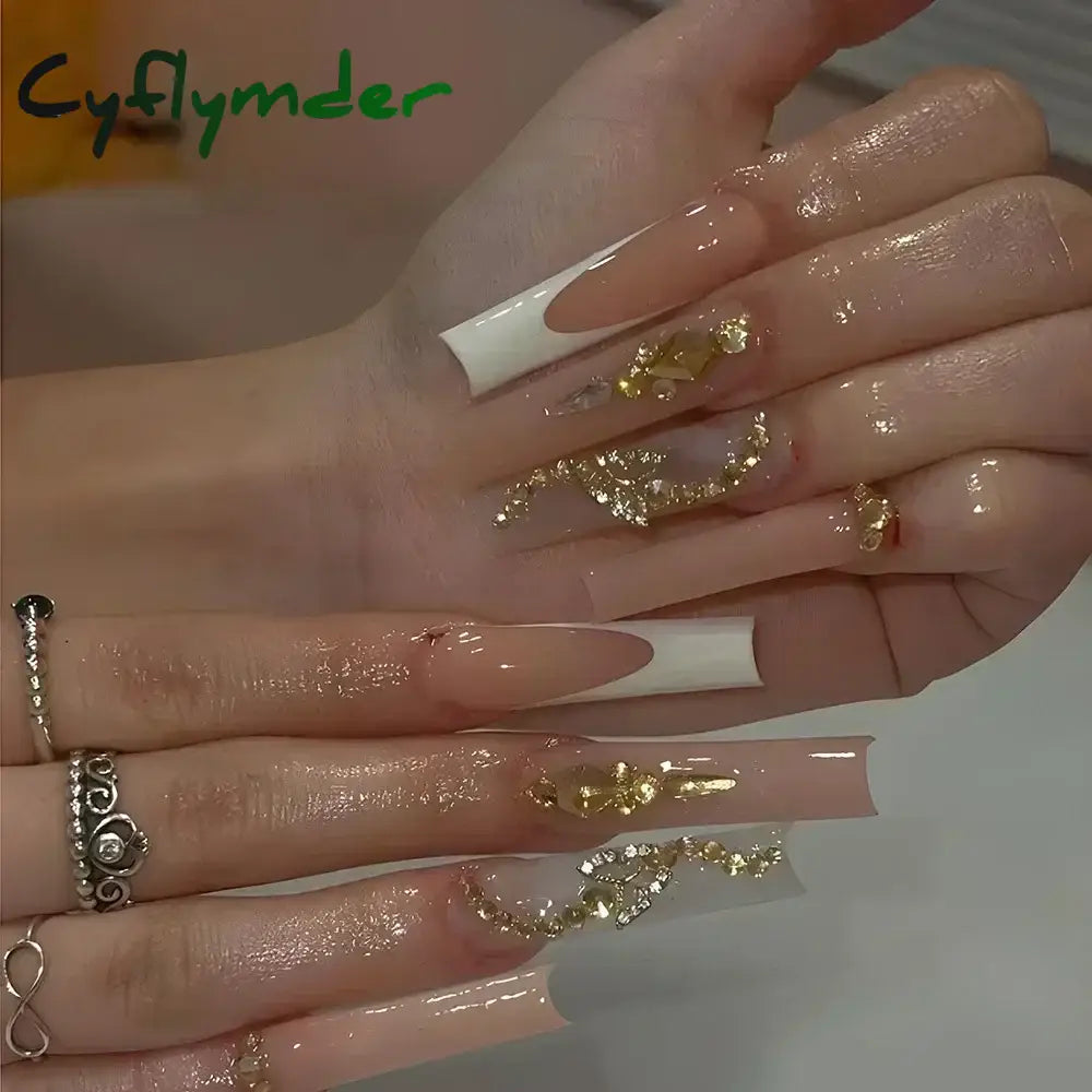 Cyflymder 24Pcs Full Cover False Nails Pink Full Rhinestone Bow Long French Coffin Nail Tips Detachable Fake Nail Press on Nails Manicure