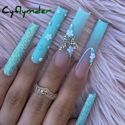 Cyflymder 24Pcs Full Cover False Nails Pink Full Rhinestone Bow Long French Coffin Nail Tips Detachable Fake Nail Press on Nails Manicure