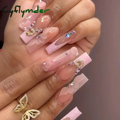 Cyflymder 24Pcs Full Cover False Nails Pink Full Rhinestone Bow Long French Coffin Nail Tips Detachable Fake Nail Press on Nails Manicure