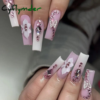 Cyflymder 24Pcs Full Cover False Nails Pink Full Rhinestone Bow Long French Coffin Nail Tips Detachable Fake Nail Press on Nails Manicure