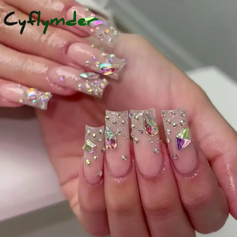 Cyflymder 24Pcs Full Cover False Nails Pink Full Rhinestone Bow Long French Coffin Nail Tips Detachable Fake Nail Press on Nails Manicure