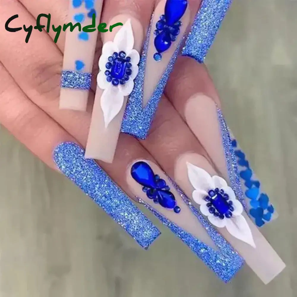 Cyflymder 24Pcs Full Cover False Nails Pink Full Rhinestone Bow Long French Coffin Nail Tips Detachable Fake Nail Press on Nails Manicure