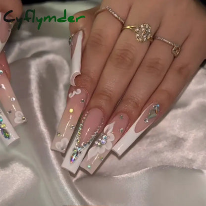 Cyflymder 24Pcs Full Cover False Nails Pink Full Rhinestone Bow Long French Coffin Nail Tips Detachable Fake Nail Press on Nails Manicure