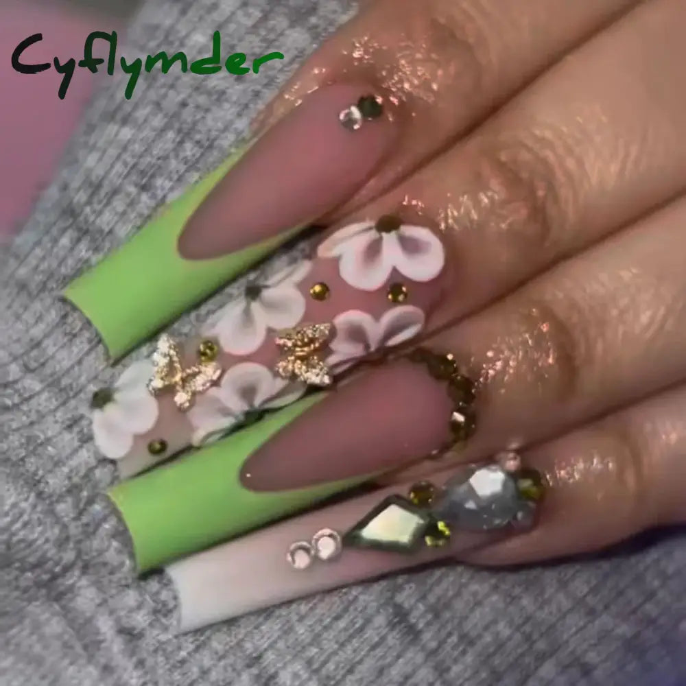 Cyflymder 24Pcs Full Cover False Nails Pink Full Rhinestone Bow Long French Coffin Nail Tips Detachable Fake Nail Press on Nails Manicure