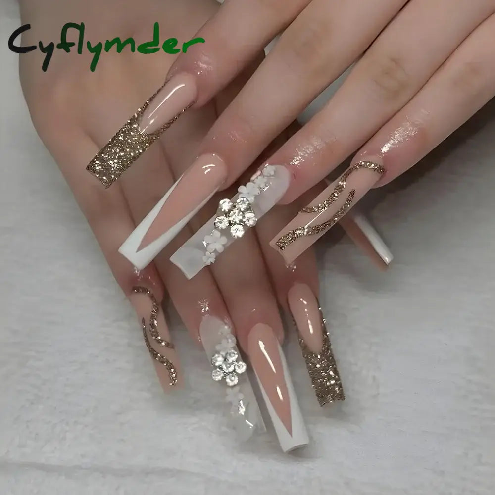 Cyflymder 24Pcs Full Cover False Nails Pink Full Rhinestone Bow Long French Coffin Nail Tips Detachable Fake Nail Press on Nails Manicure