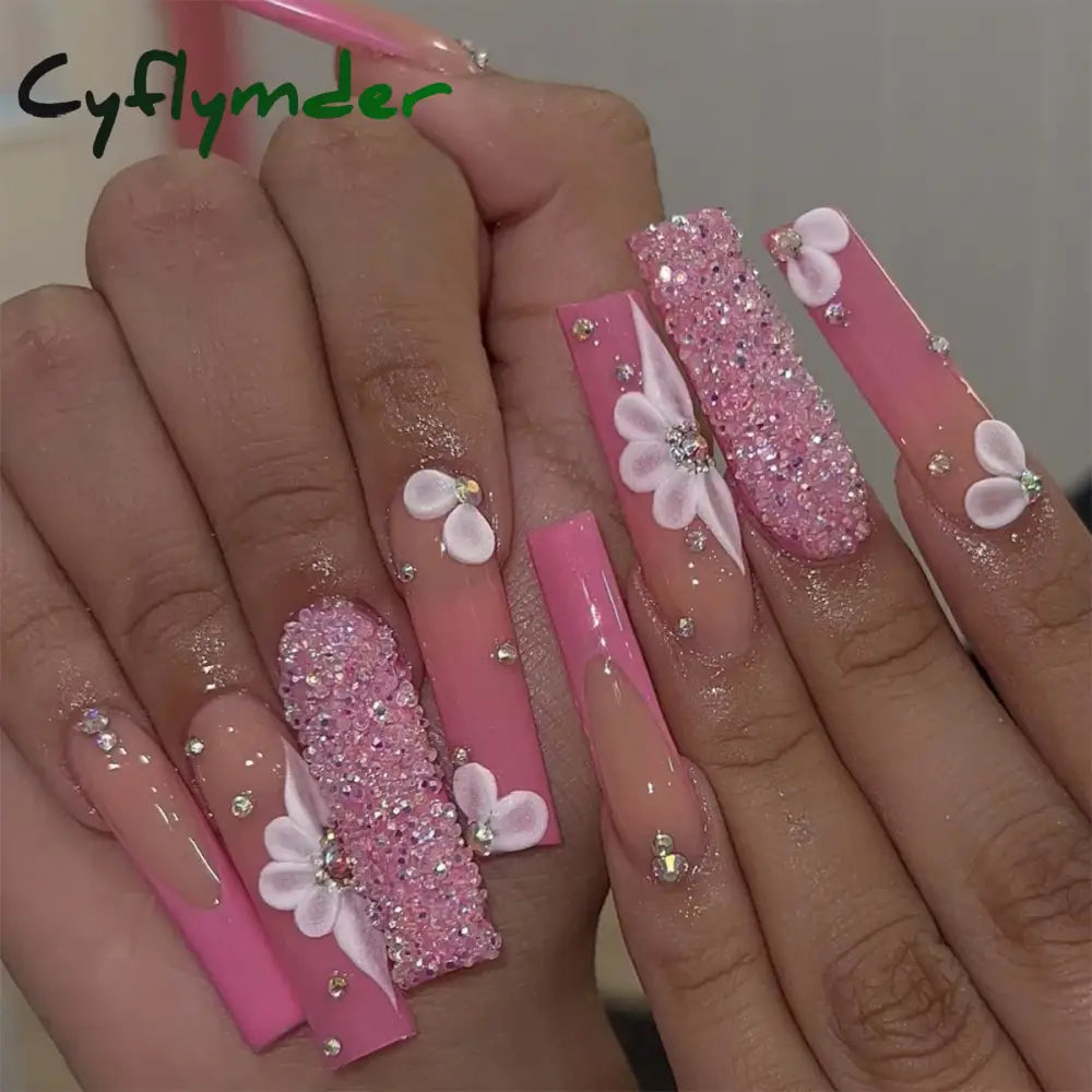 Cyflymder 24Pcs Full Cover False Nails Pink Full Rhinestone Bow Long French Coffin Nail Tips Detachable Fake Nail Press on Nails Manicure