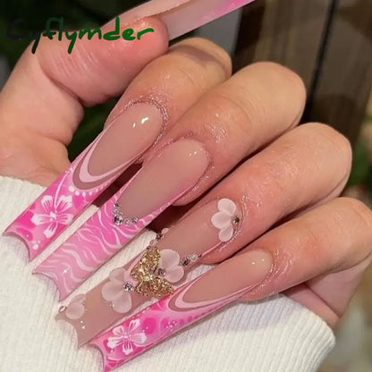 Cyflymder 24Pcs Full Cover False Nails Pink Full Rhinestone Bow Long French Coffin Nail Tips Detachable Fake Nail Press on Nails Manicure