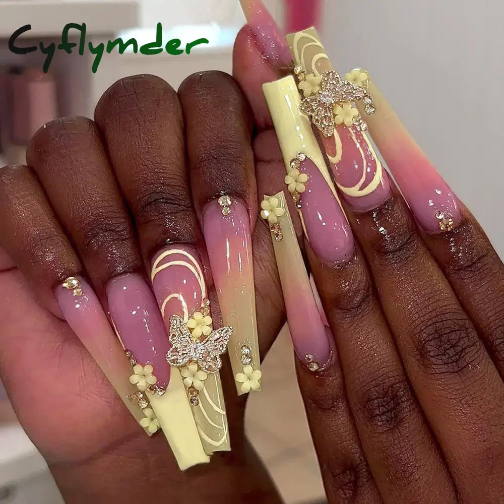 Cyflymder 24Pcs Full Cover False Nails Pink Full Rhinestone Bow Long French Coffin Nail Tips Detachable Fake Nail Press on Nails Manicure