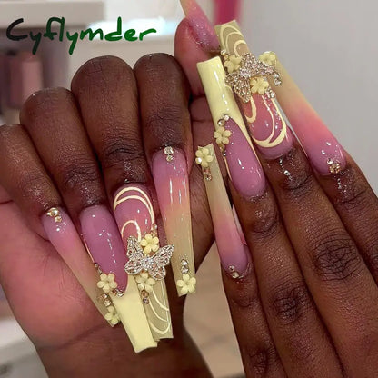 Cyflymder 24Pcs Full Cover False Nails Pink Full Rhinestone Bow Long French Coffin Nail Tips Detachable Fake Nail Press on Nails Manicure
