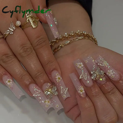 Cyflymder 24Pcs Full Cover False Nails Pink Full Rhinestone Bow Long French Coffin Nail Tips Detachable Fake Nail Press on Nails Manicure