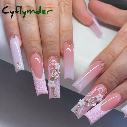 Cyflymder 24Pcs Full Cover False Nails Pink Full Rhinestone Bow Long French Coffin Nail Tips Detachable Fake Nail Press on Nails Manicure