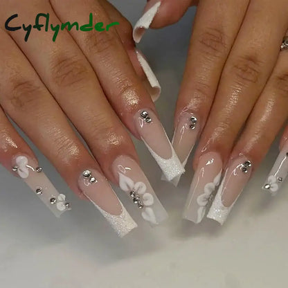 Cyflymder 24Pcs Full Cover False Nails Pink Full Rhinestone Bow Long French Coffin Nail Tips Detachable Fake Nail Press on Nails Manicure
