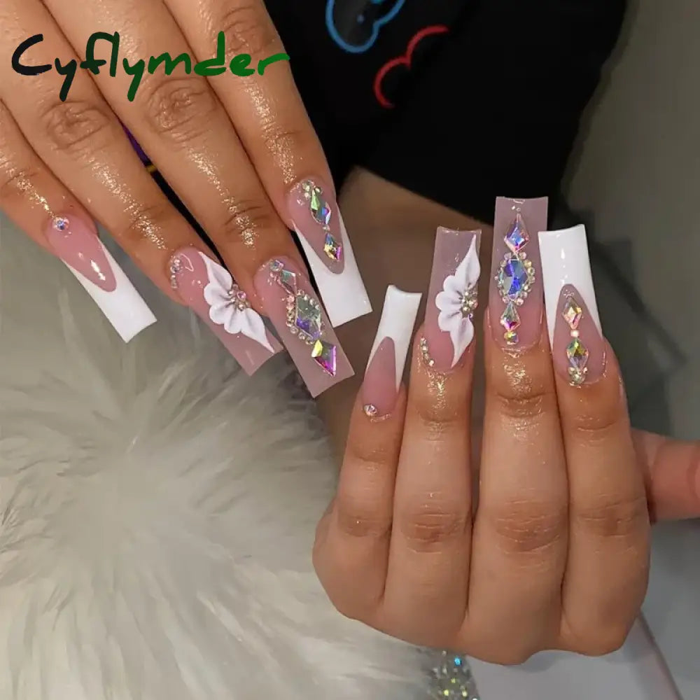 Cyflymder 24Pcs Full Cover False Nails Pink Full Rhinestone Bow Long French Coffin Nail Tips Detachable Fake Nail Press on Nails Manicure