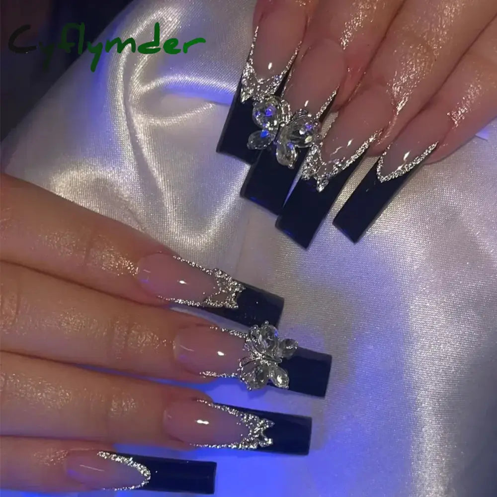 Cyflymder 24Pcs Full Cover False Nails Pink Full Rhinestone Bow Long French Coffin Nail Tips Detachable Fake Nail Press on Nails Manicure